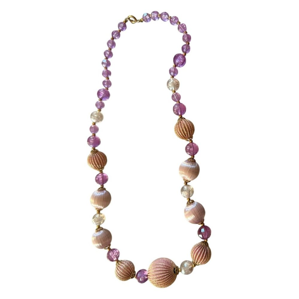 Vintage 1960s Lavender & Pink Beaded Necklace With Textured Textile Beads 23-Inc